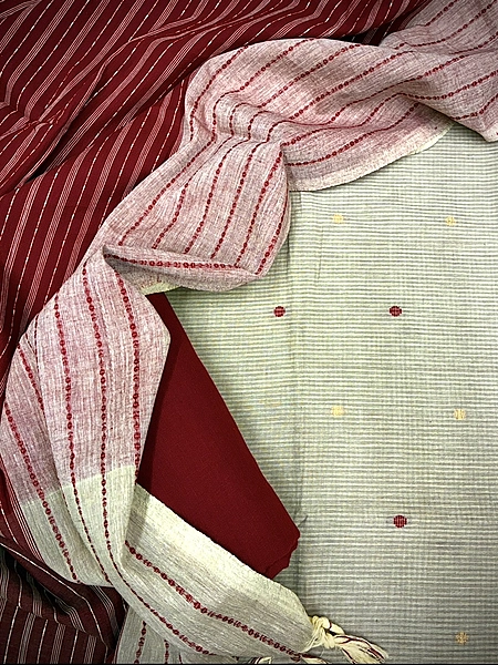 Handloom Cotton Dobby Booty 3 Pc Suit Set (Beige/Maroon)