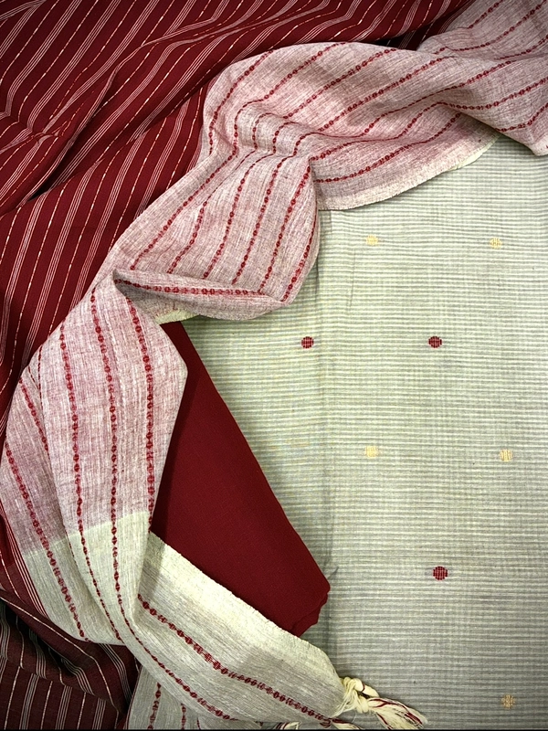 Handloom Cotton Dobby Booty 3 Pc Suit Set (Beige/Maroon)