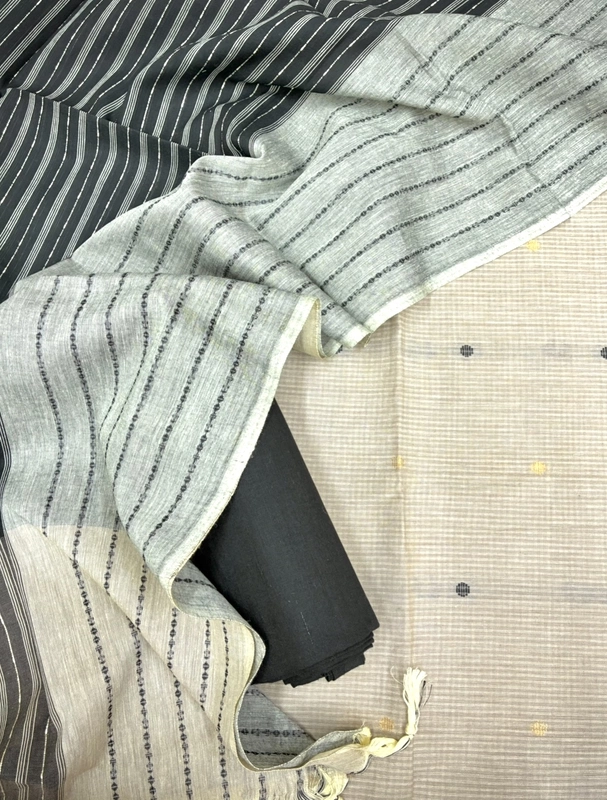 Handloom Cotton Dobby Booty 3 Pc Suit Set (Beige/Black)