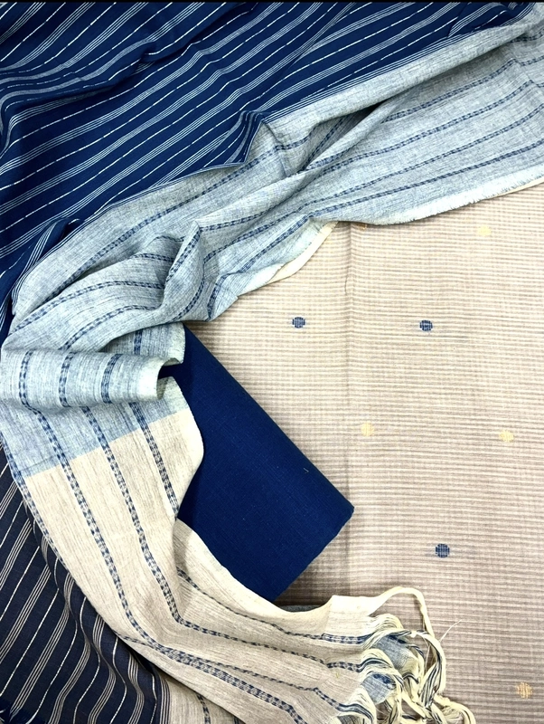 Handloom Cotton Dobby Booty 3 Pc Suit Set (Beige/Blue)