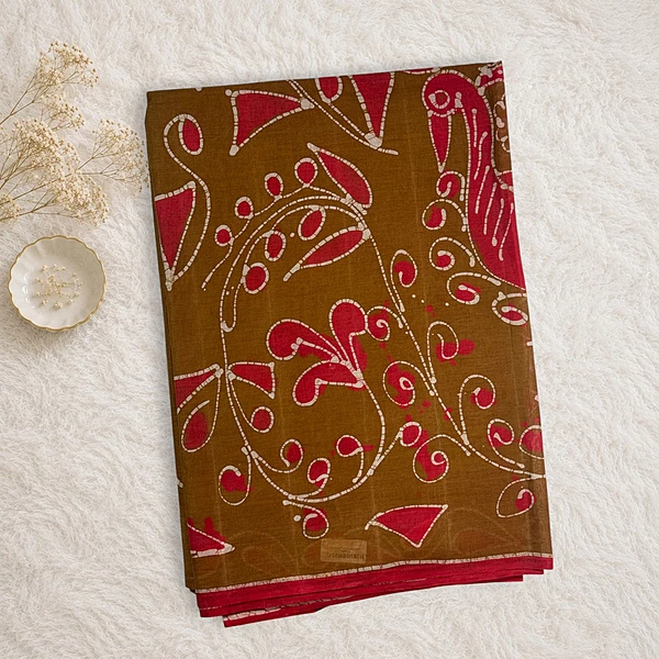 Bathik Printed Cotton Saree - Brown/Red