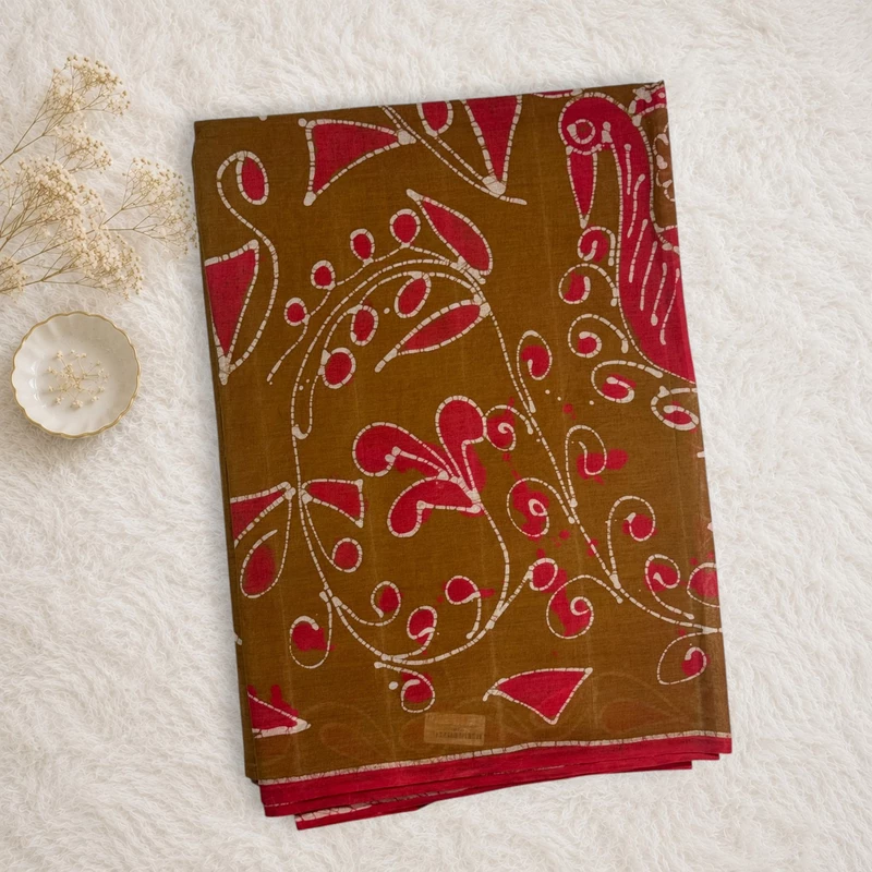 Bathik Printed Cotton Saree - Brown/Red