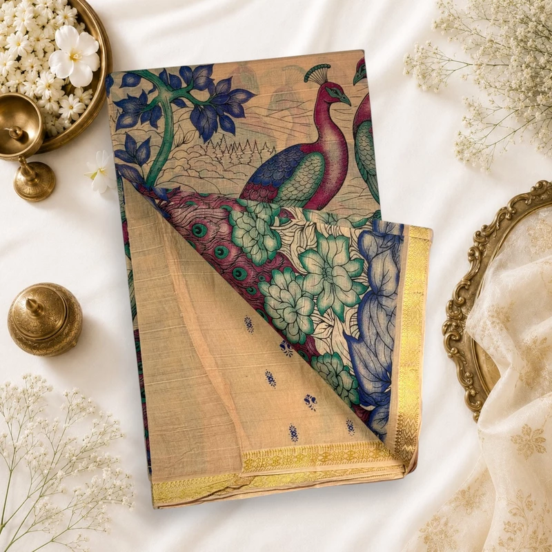 Bathik Kalamkari Cotton Saree - Cream/Red