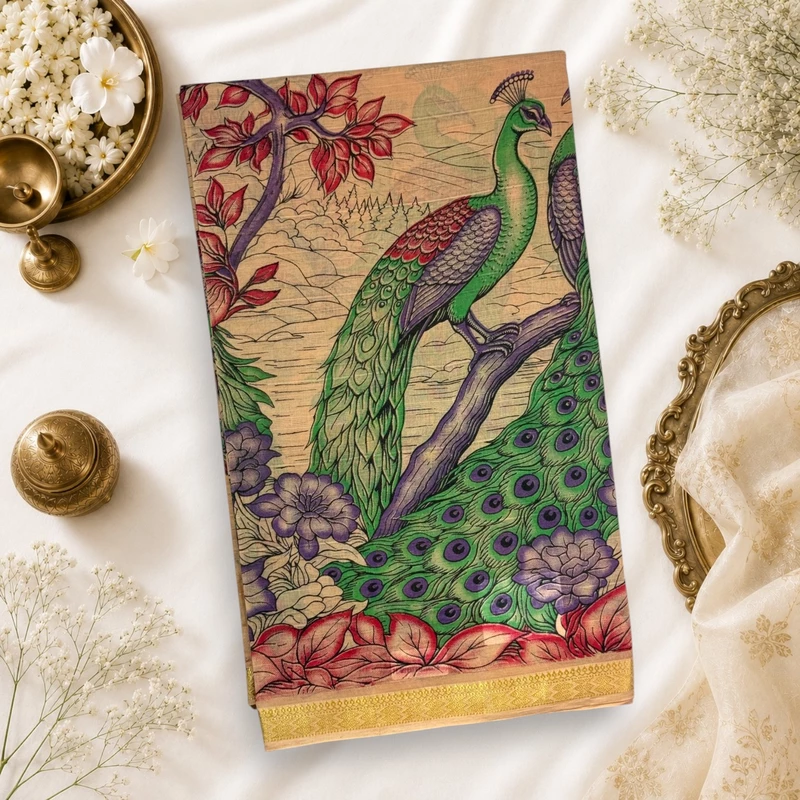 Bathik Kalamkari Cotton Saree - Cream/Green