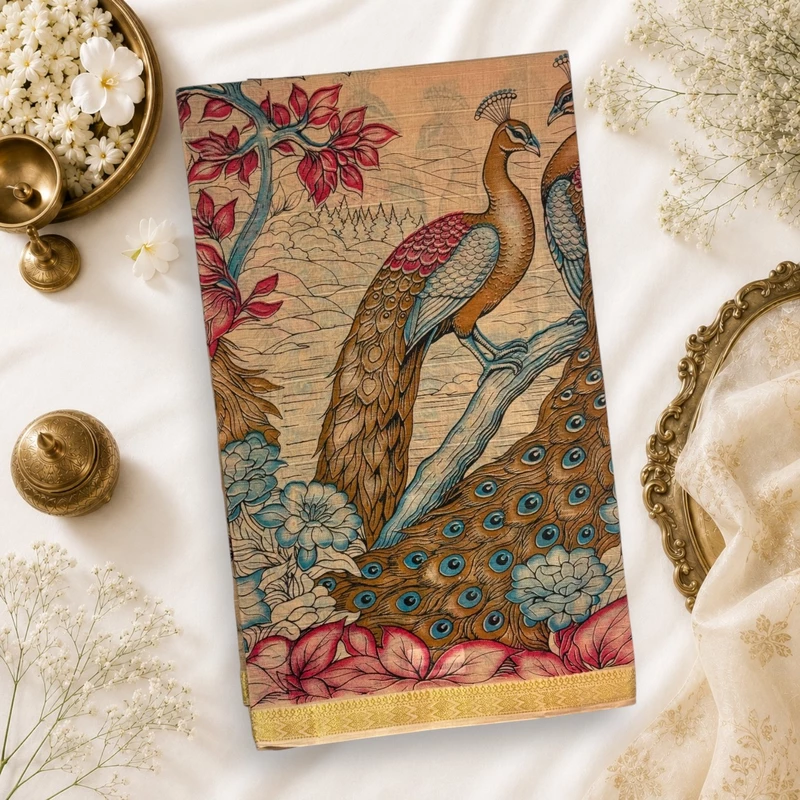 Bathik Kalamkari Cotton Saree - Cream/Brown