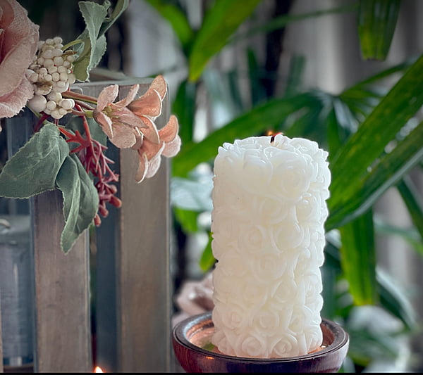 TALL WHITE ROSE PILLAR CANDLE