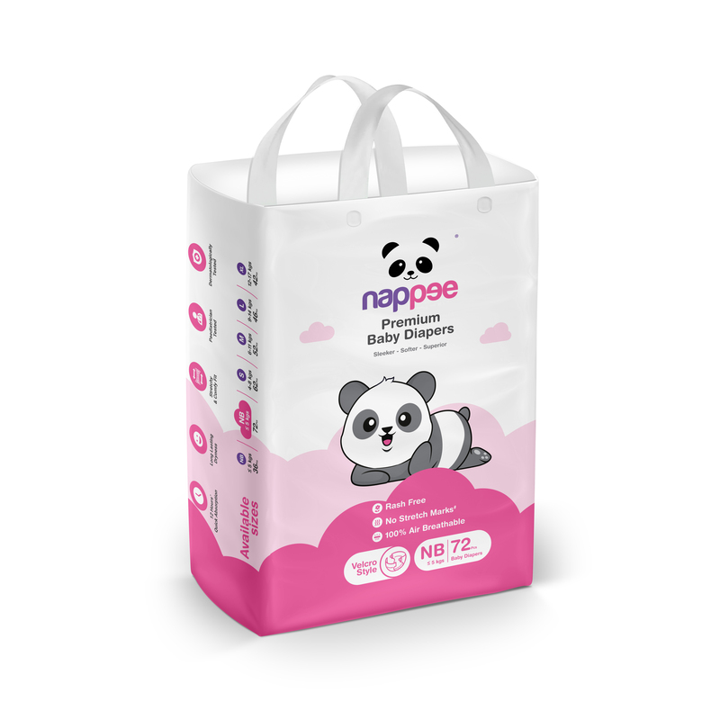 Nappee Premium - Newborn Jumbo pack- Tape/ Velcro - 72pc (Upto 5kg) Nappee Premium - Newborn Jumbo pack- Tape/ Velcro - 72pc (Upto 5kg)