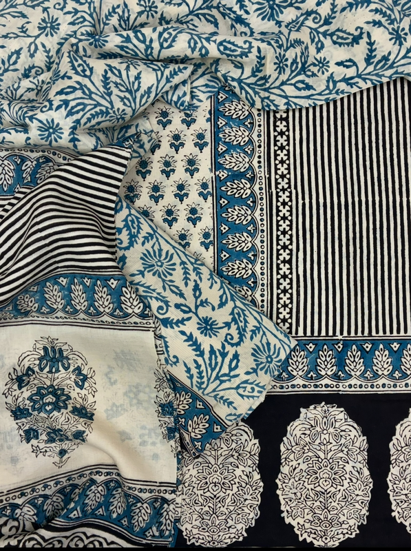 Cotton Bagru Print Suit Set (Blue)