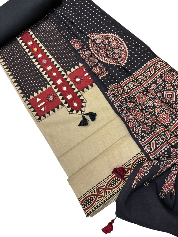 Cotton Ajrakh Mirror work Patch Suit Set (Beige)