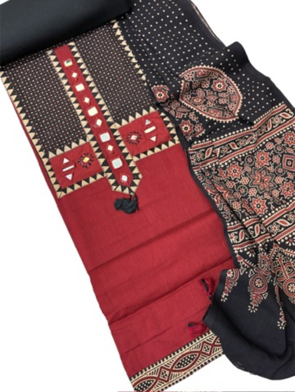 Cotton Ajrakh Mirror work Patch Suit Set (Maroon)