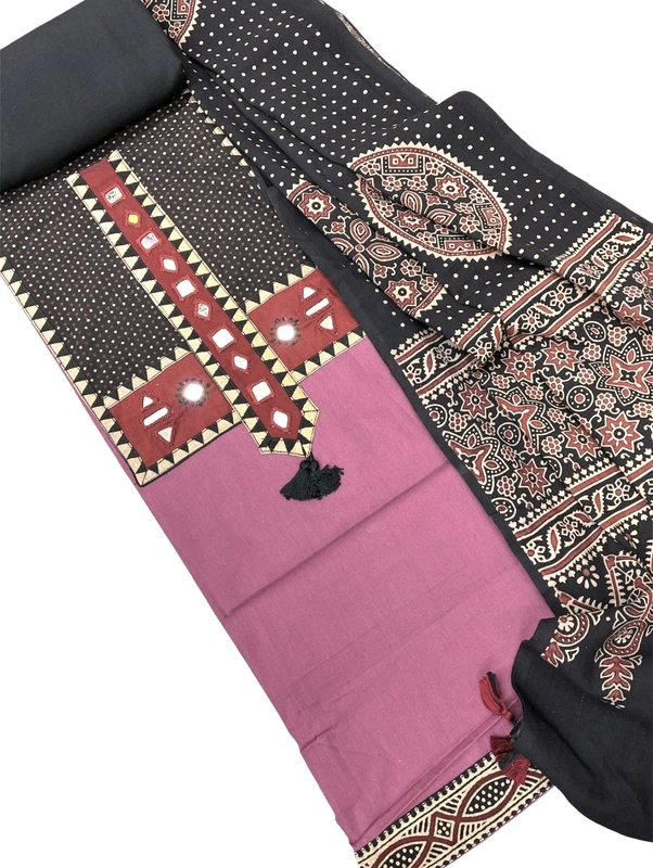 Cotton Ajrakh Mirror work Patch Suit Set (Light Purple)