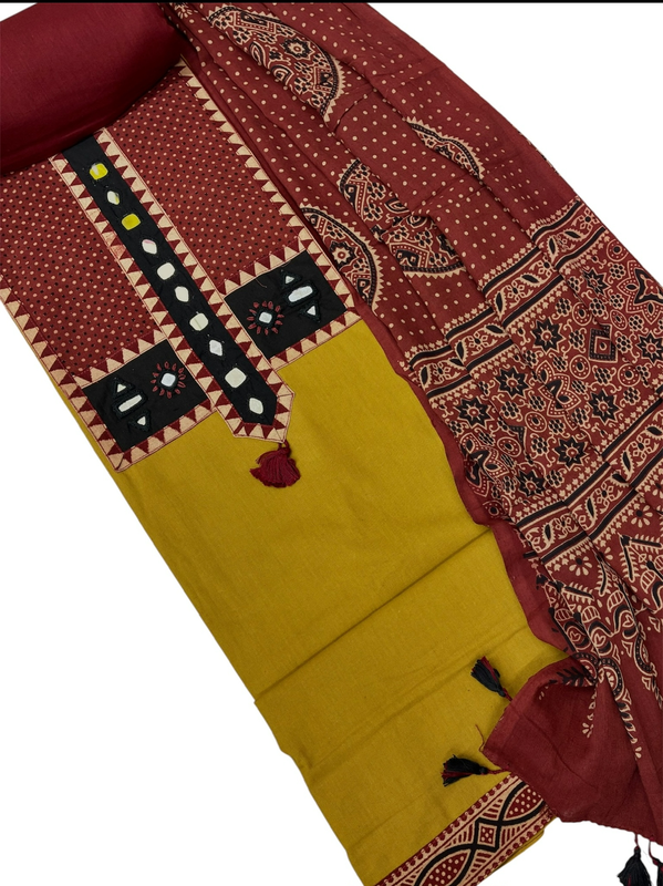 Cotton Ajrakh Mirror work Patch Suit Set (Mustard)