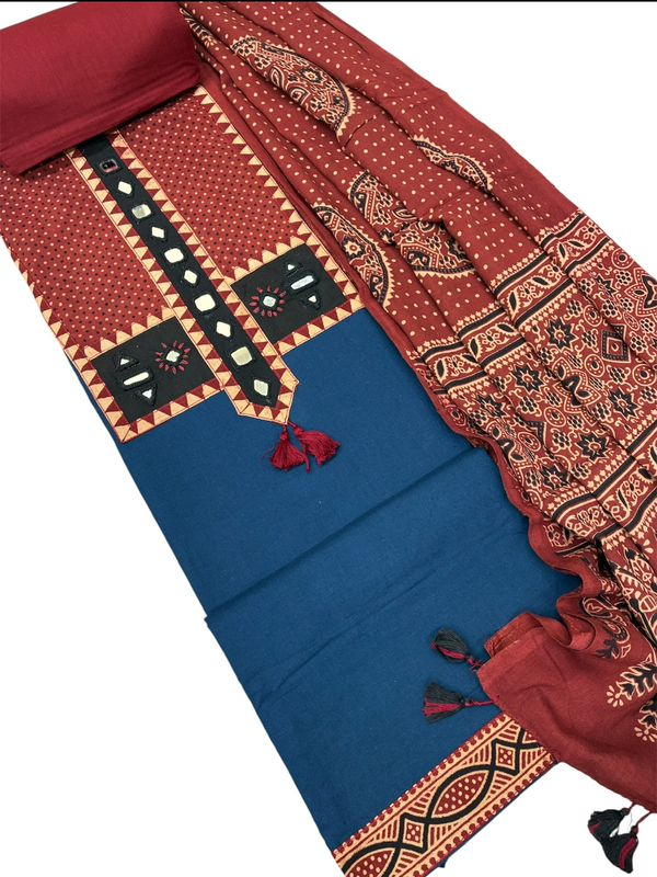 Cotton Ajrakh Mirror work Patch Suit Set (Blue)