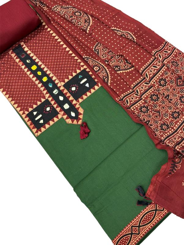 Cotton Ajrakh Mirror work Patch Suit Set (Green)