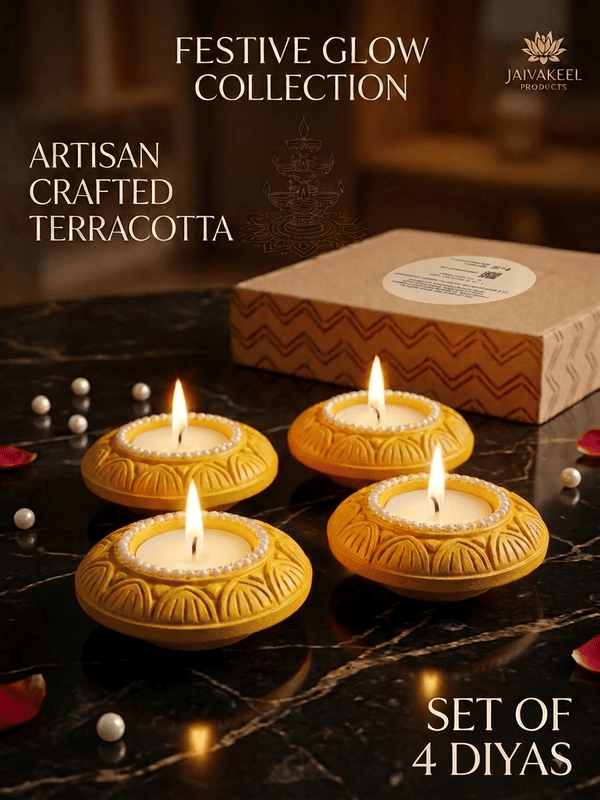SET OF 4 YELLOW LOTUS DIYAS