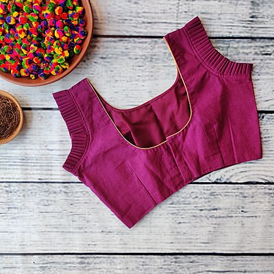 Sleeveless Pleated RN Eggplant Readymade Blouse