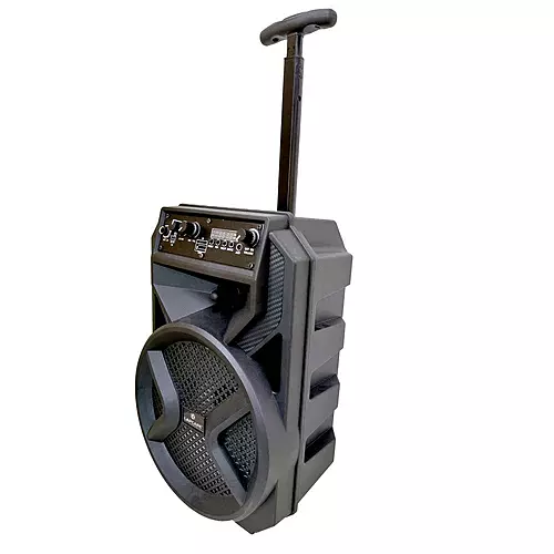 LAPSONIC V LTS‑615: 15 W RMS (20 W max) stereo trolley speaker with Bluetooth 5.0, karaoke mode, FM/USB/TF/AUX playback & up to 2 hr battery life.