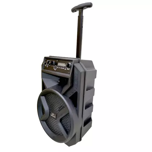 LAPSONIC V LTS‑615: 15 W RMS (20 W max) stereo trolley speaker with Bluetooth 5.0, karaoke mode, FM/USB/TF/AUX playback & up to 2 hr battery life.