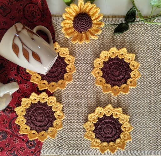 Crochet Sunflower Coaster(Set of 4)