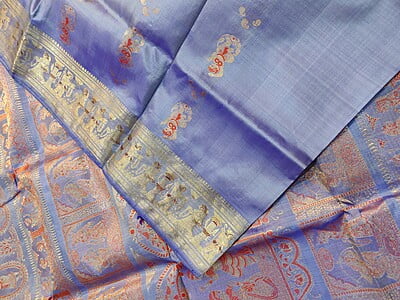 Ice blue color Swarnachari with red meena work on pure Mulberry silk