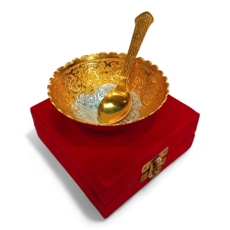 German Silver + Gold Bowl With Spoon German Silver + Gold Bowl With Spoon