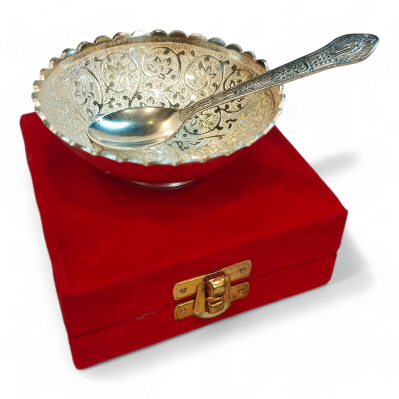 German Silver Bowl With Spoon 4 Inch