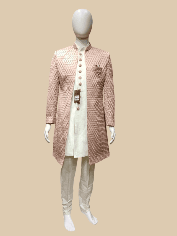 Designer Peach Sherwani with Brooch D-9620 Le cartin