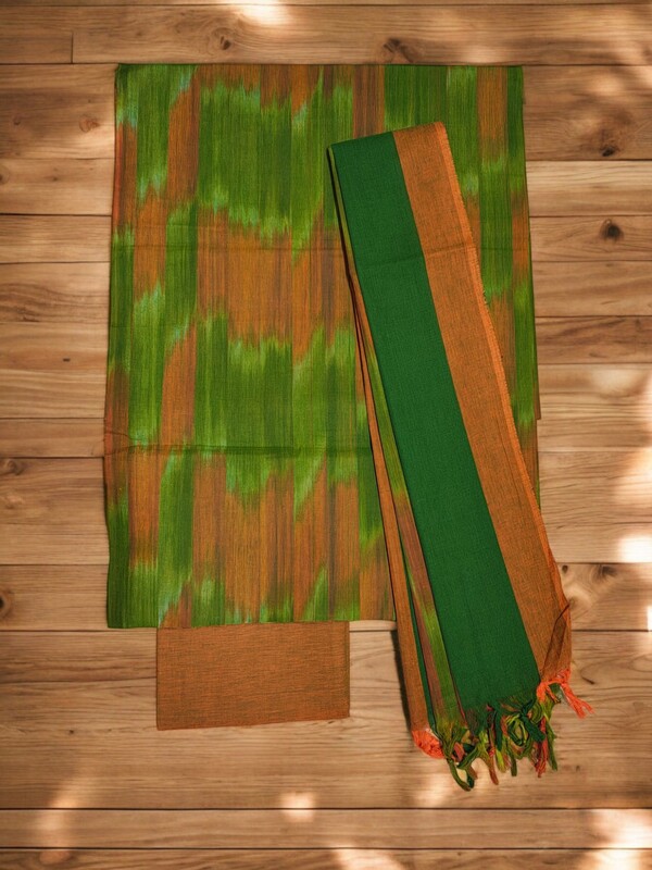 Green & Orange Unstitched Pochampally Ikkat Salwar Suit Set with Dupatta for Women