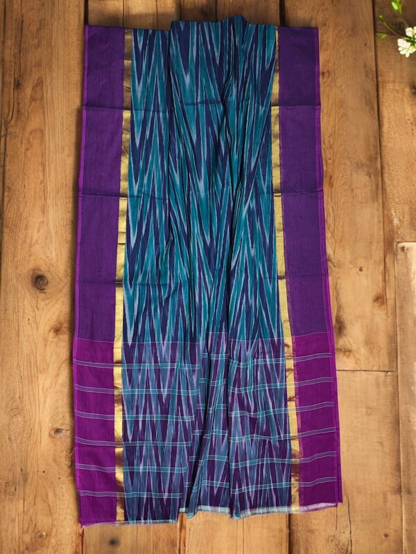 Purple & Green Pochampally Ikkat Cotton Saree with Unstitched Blouse