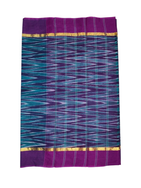 Purple & Green Pochampally Ikkat Cotton Saree with Unstitched Blouse