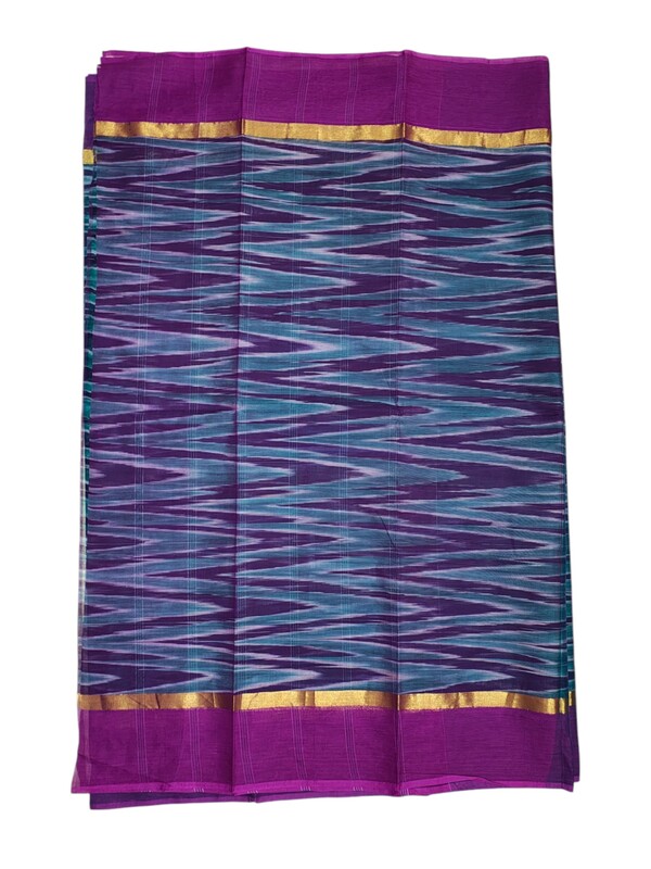 Purple & Green Pochampally Ikkat Cotton Saree with Unstitched Blouse