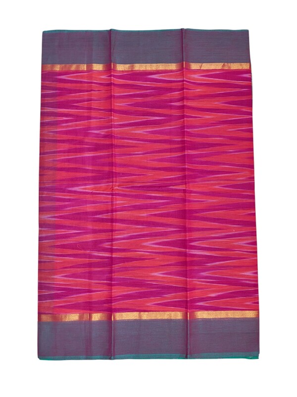 Pink & Green Pochampally Ikkat Cotton Saree with Unstitched Blouse