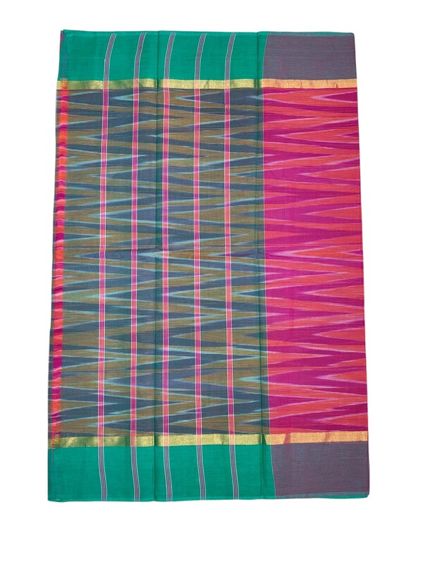 Pink & Green Pochampally Ikkat Cotton Saree with Unstitched Blouse