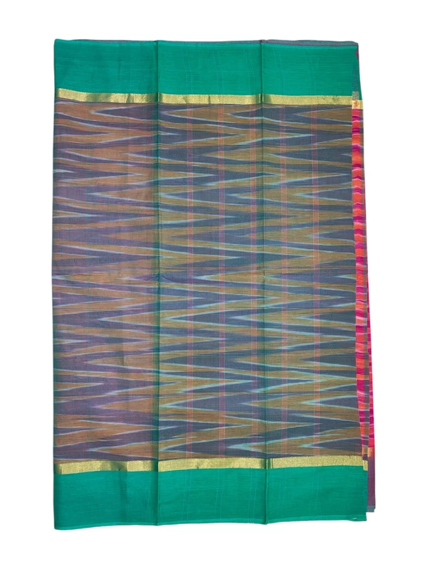 Pink & Green Pochampally Ikkat Cotton Saree with Unstitched Blouse
