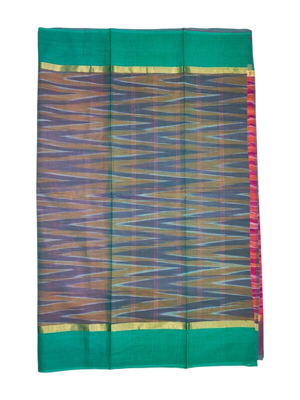 Pink & Green Pochampally Ikkat Cotton Saree with Unstitched Blouse