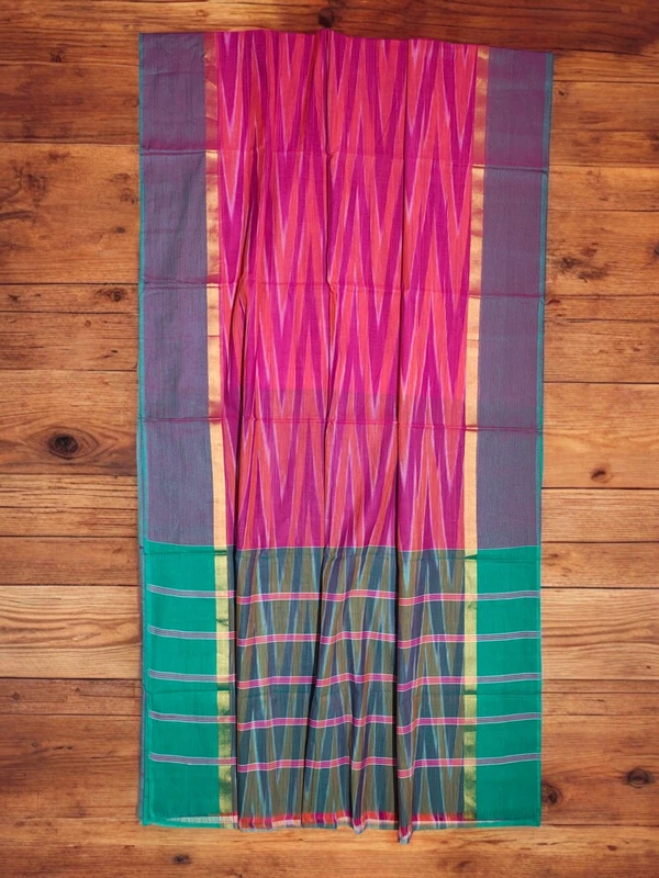 Pink & Green Pochampally Ikkat Cotton Saree with Unstitched Blouse