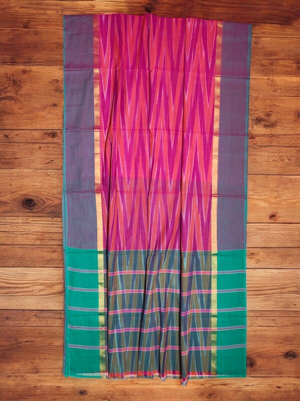 Pink & Green Pochampally Ikkat Cotton Saree with Unstitched Blouse