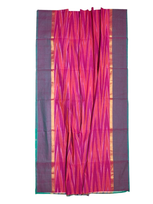 Pink & Green Pochampally Ikkat Cotton Saree with Unstitched Blouse