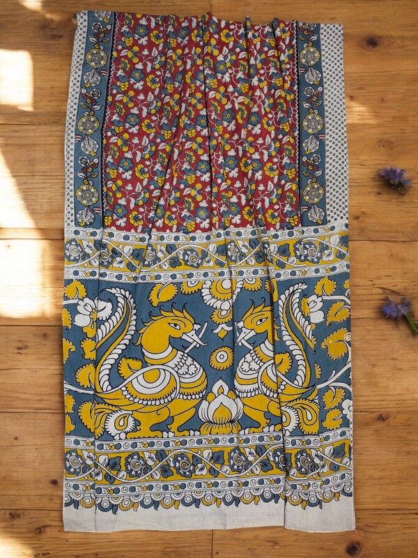 Mustard & Red Kalamkari Cotton Saree with Printed Blouse