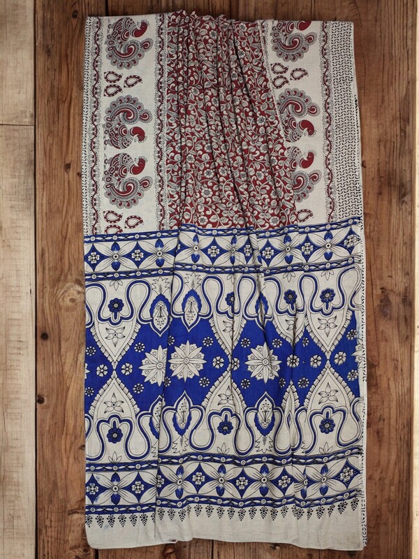 Maroon Kalamkari Cotton Saree with Unstitched Blouse