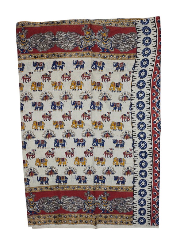 Maroon & Blue Kalamkari Cotton Saree with Running Blouse