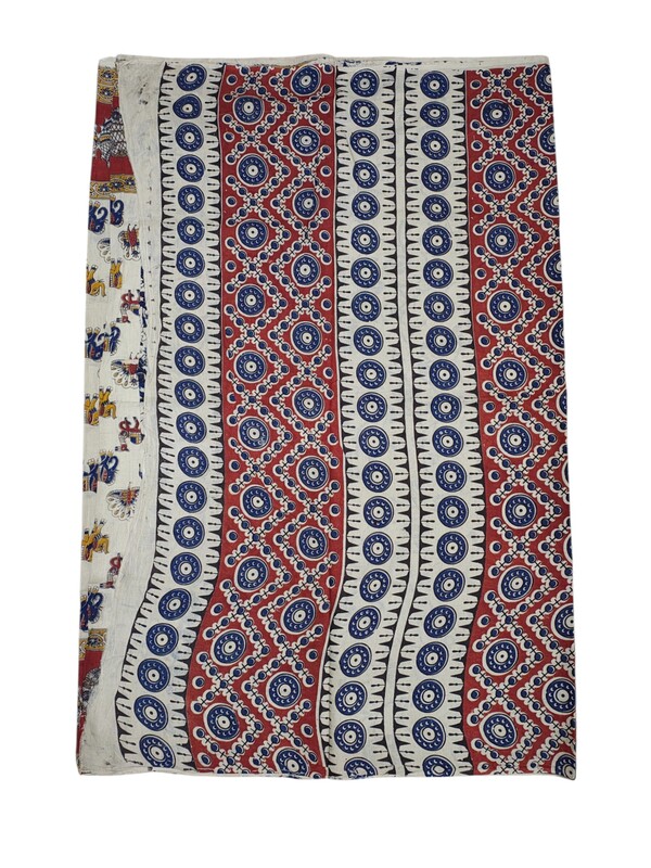 Maroon & Blue Kalamkari Cotton Saree with Running Blouse