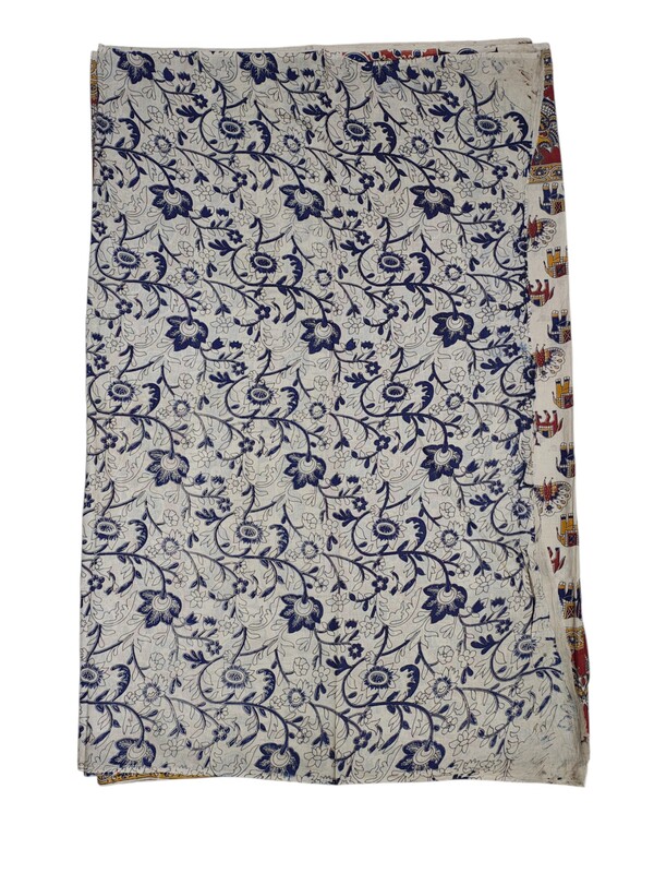Maroon & Blue Kalamkari Cotton Saree with Running Blouse
