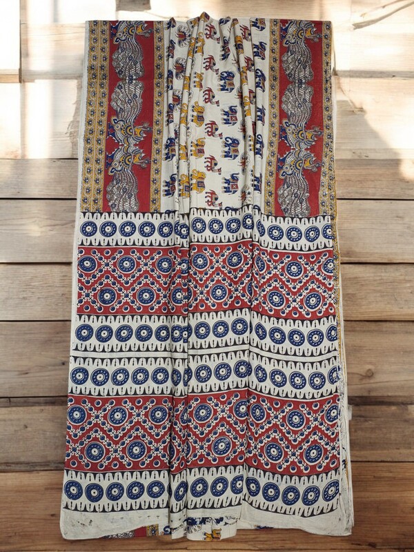 Maroon & Blue Kalamkari Cotton Saree with Running Blouse