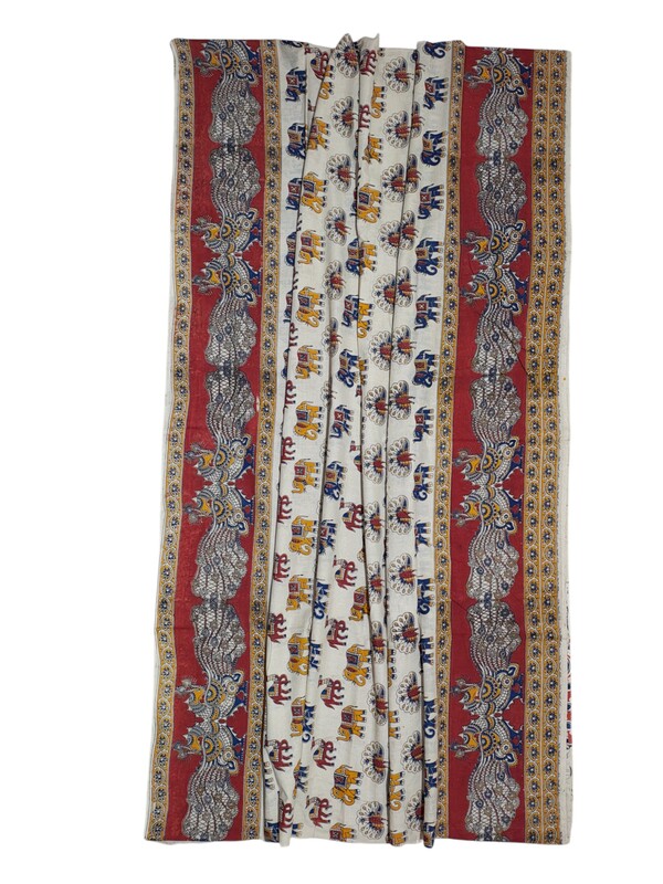 Maroon & Blue Kalamkari Cotton Saree with Running Blouse