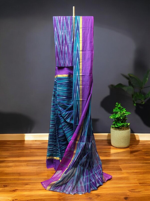 Purple & Green Pochampally Ikkat Cotton Saree with Unstitched Blouse