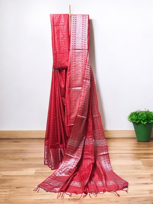 Maroon with Silver Woven Kota Silk Saree with Running Blouse
