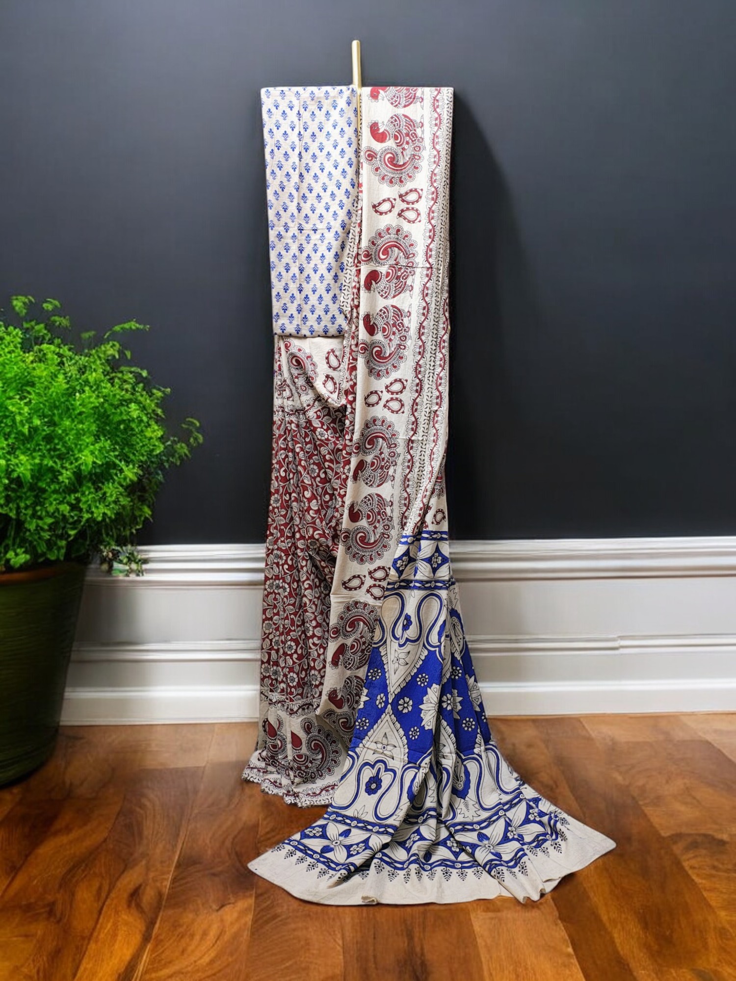 Maroon Kalamkari Cotton Saree with Unstitched Blouse