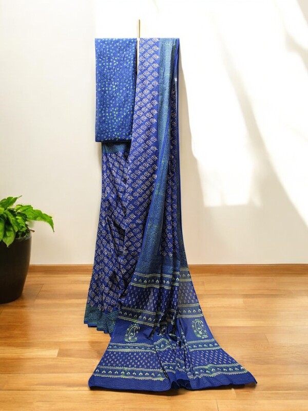 Indigo & Green Hand Block Print Pure Cotton Saree with Running Blouse