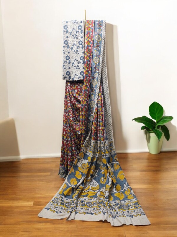 Mustard Plain Saree with Printed Blouse